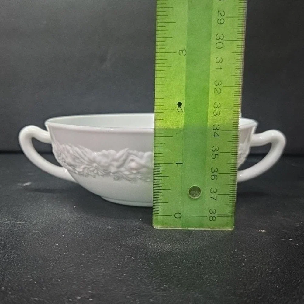 Anchor Hocking Milk Glass Soup Bowl, Dual Handled Floral Dish, Vtg Kitchenware